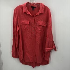 Eleen Tracy Women's Front Button Detail Blouse Top Roll Tab Sleeves Red X-Large